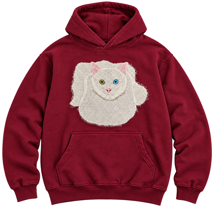 Burgundy hoodie with an embroidered full-body portrait of a white cat with odd-coloured eyes