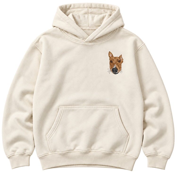 Light-coloured hoodie with a small dog head portrait on the chest